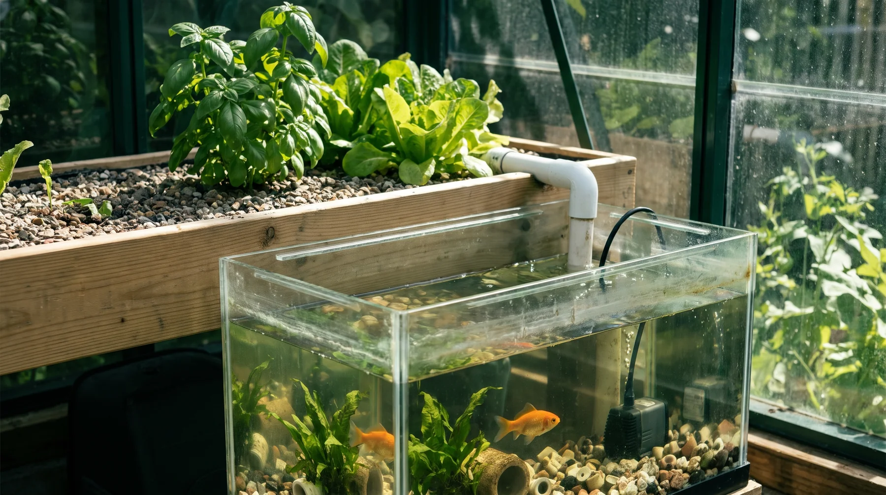 Leafy herbs above a connected glass fish tank in an illustrative aquaponic system.