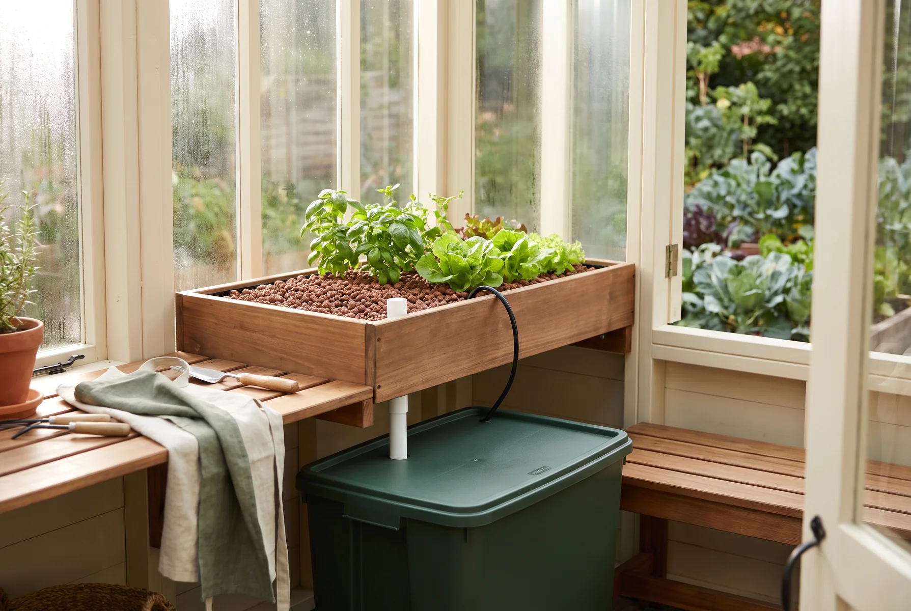 A compact home aquaponic growing setup with leafy plants above a connected fish tank.