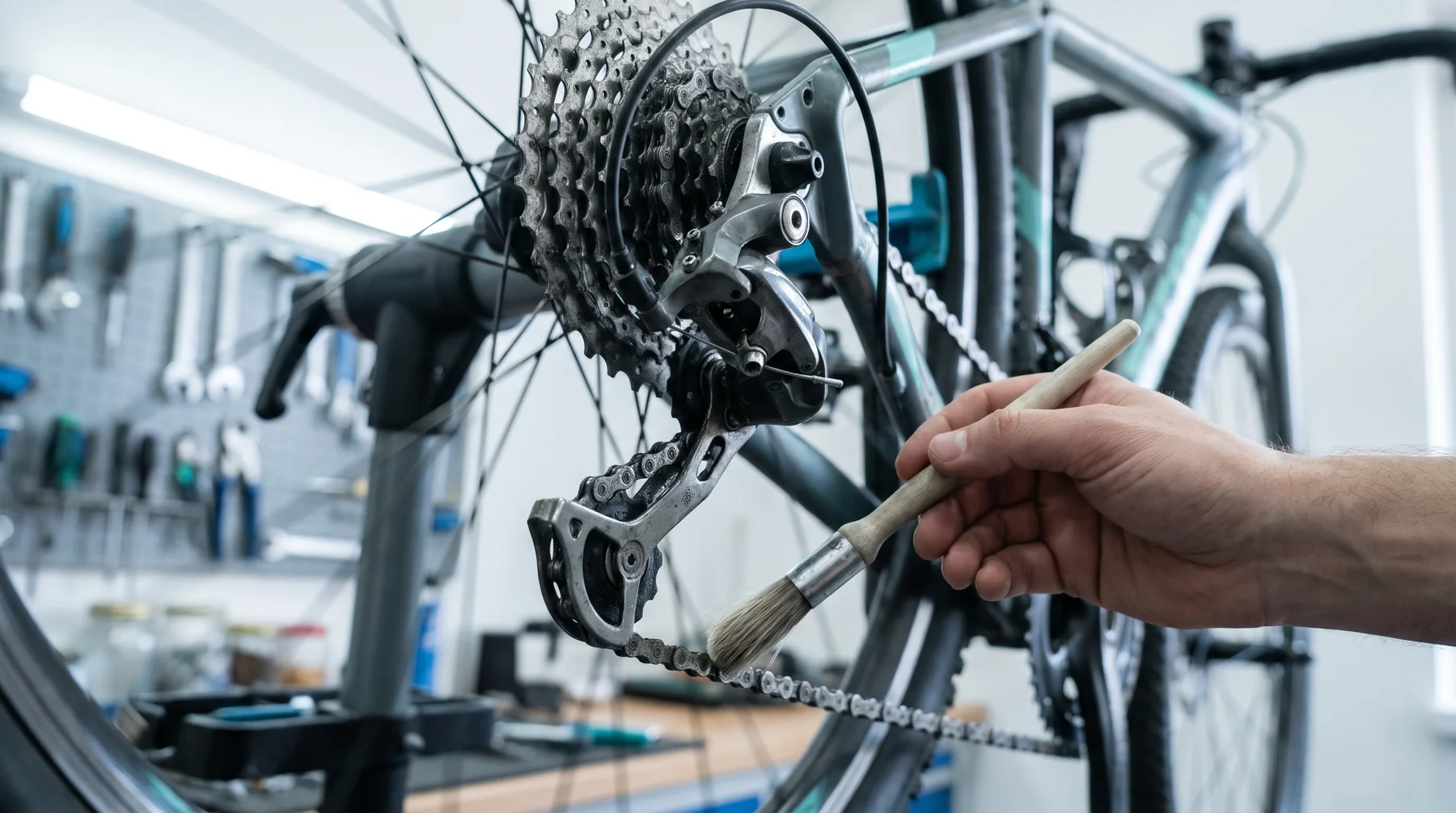 Close-up of hands maintaining a bicycle drivetrain with workshop tools.