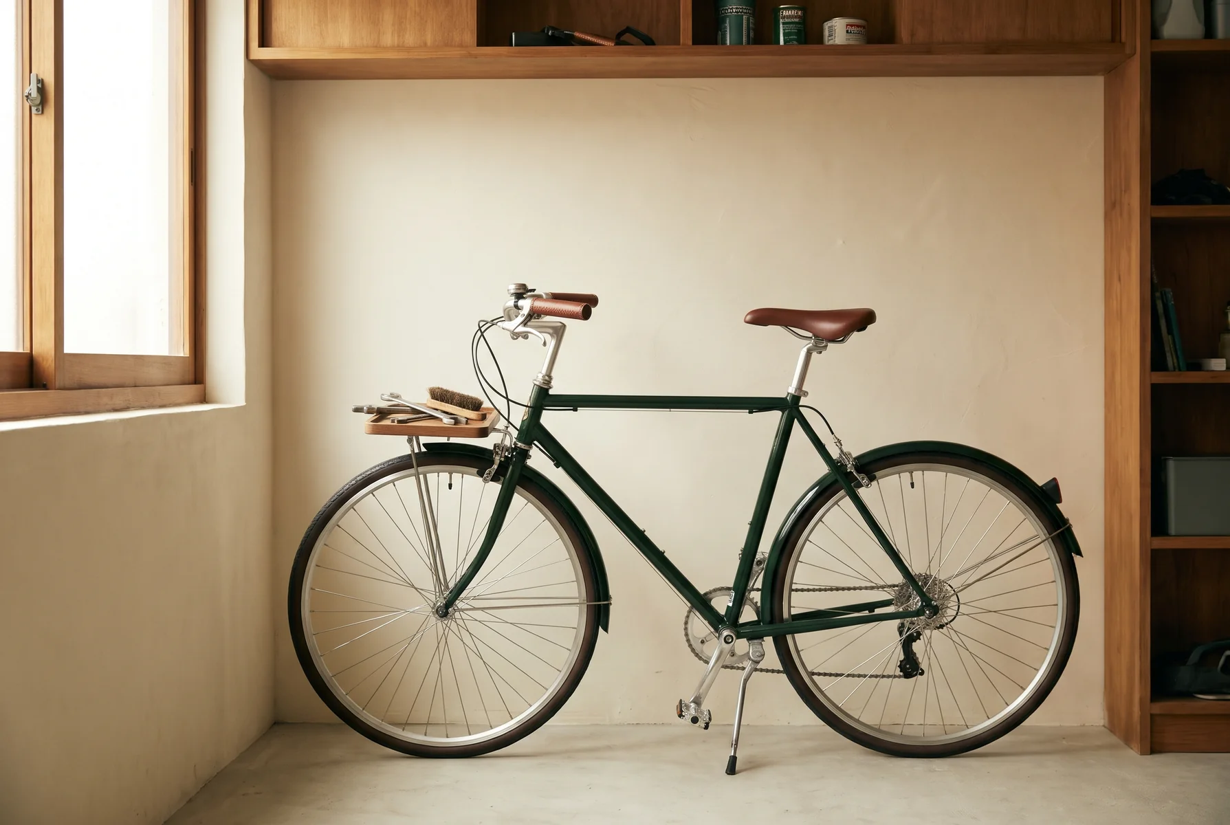 A green city bicycle standing against a wall in a bright home workspace.
