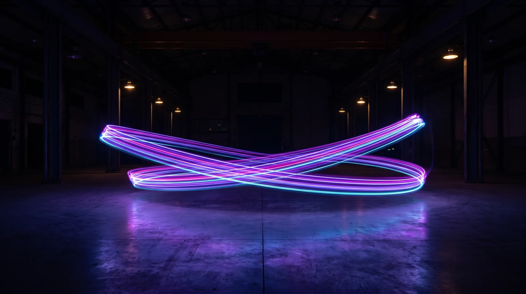 An illustrative long-exposure scene with violet and cyan light trails at night.