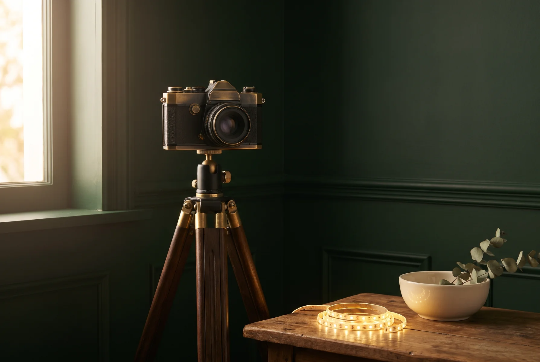 A camera on a tripod beside a small table with warm string lights.