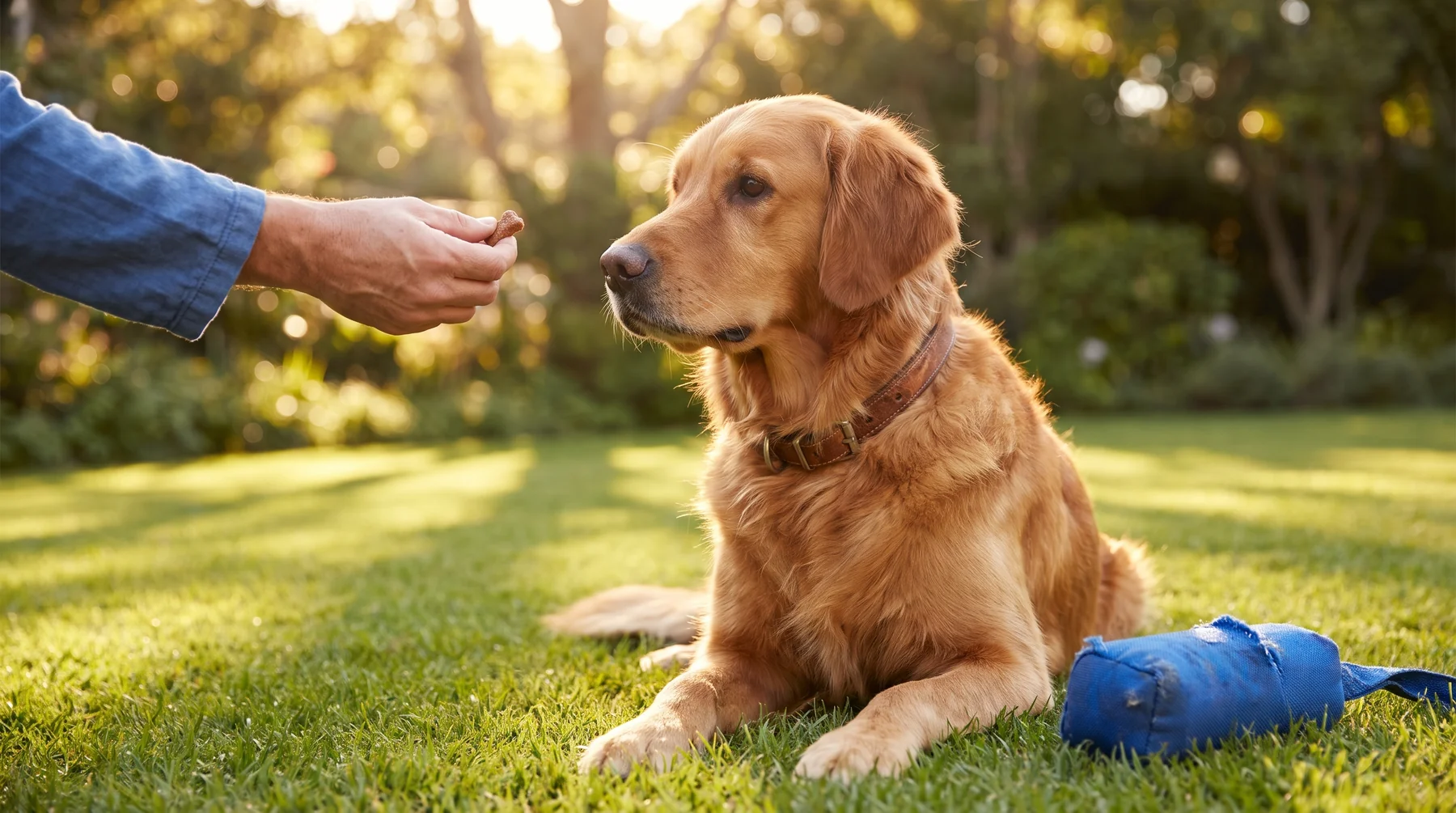 A golden retriever lying on grass and watching a reward held in a hand.