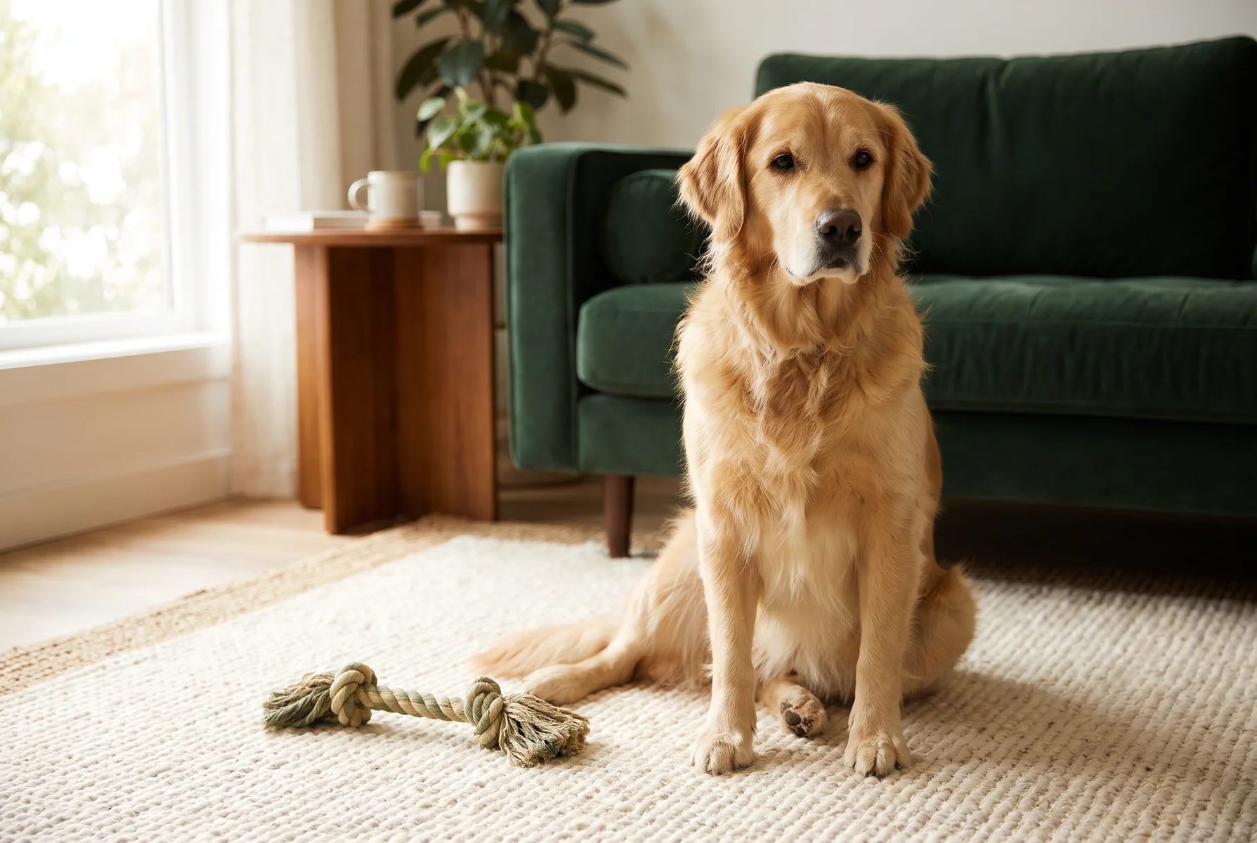 A golden retriever sitting on a rug beside a rope toy in a calm living room.
