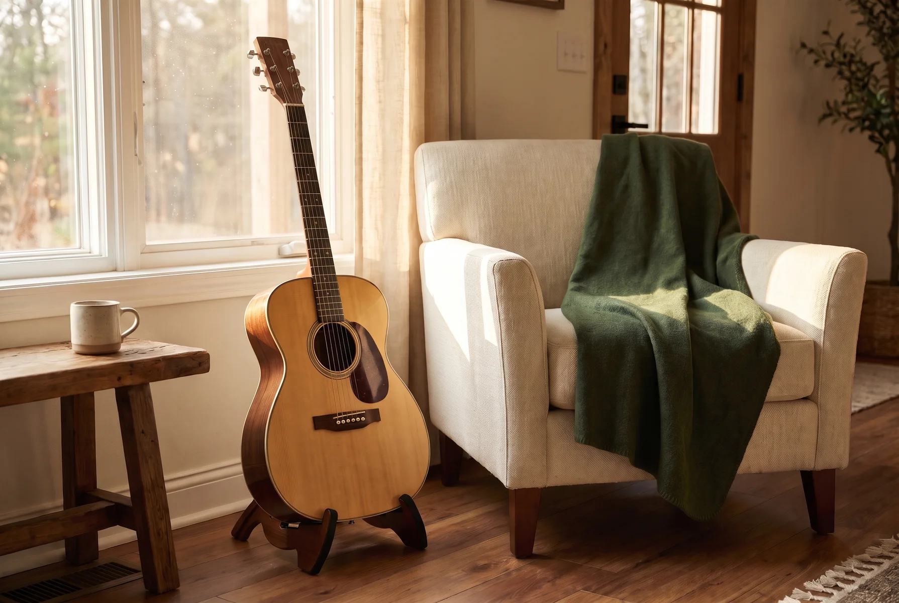 An acoustic guitar resting beside an armchair in a softly lit home practice space.
