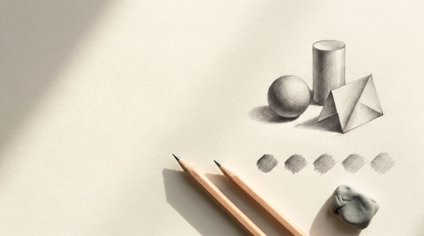 Graphite pencils beside shaded geometric forms and tonal swatches on drawing paper.