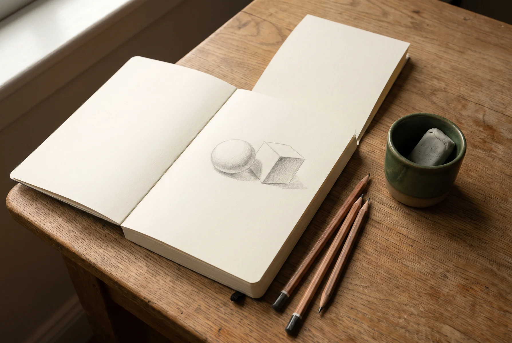 Graphite pencils, an eraser and a shaded still-life study on drawing paper.