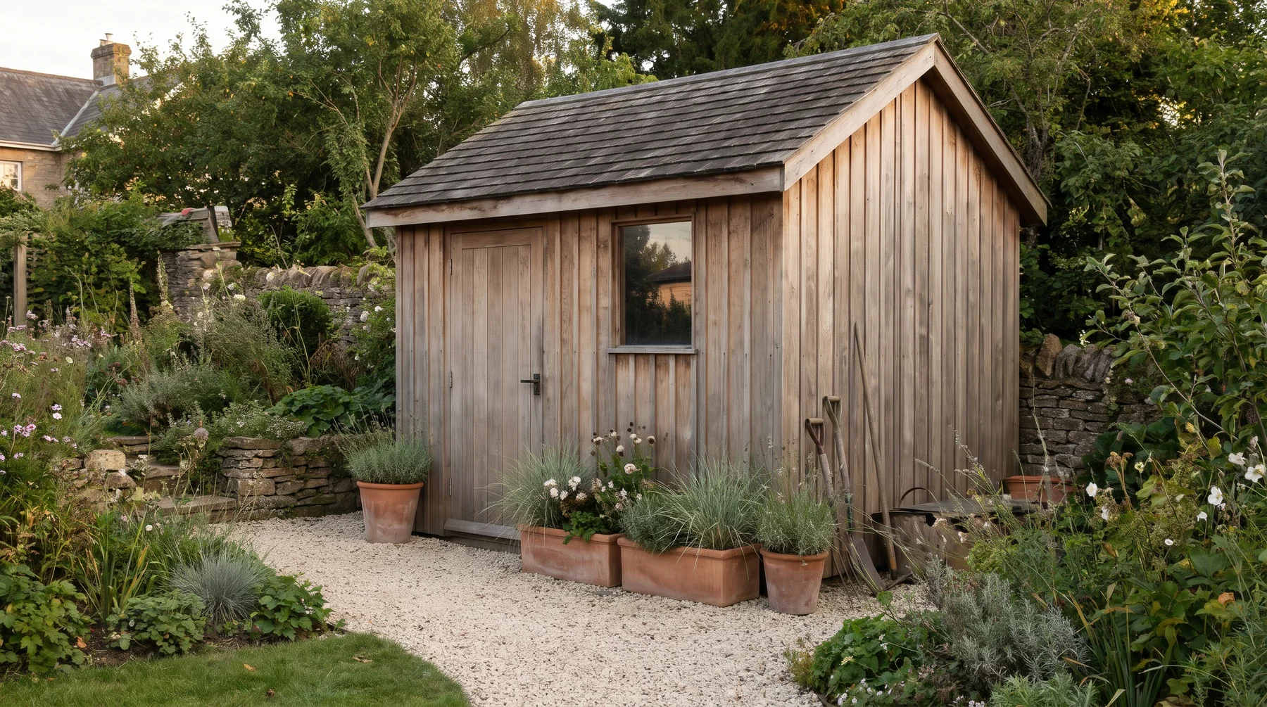 A timber garden shed set in a green garden with space around its entrance.