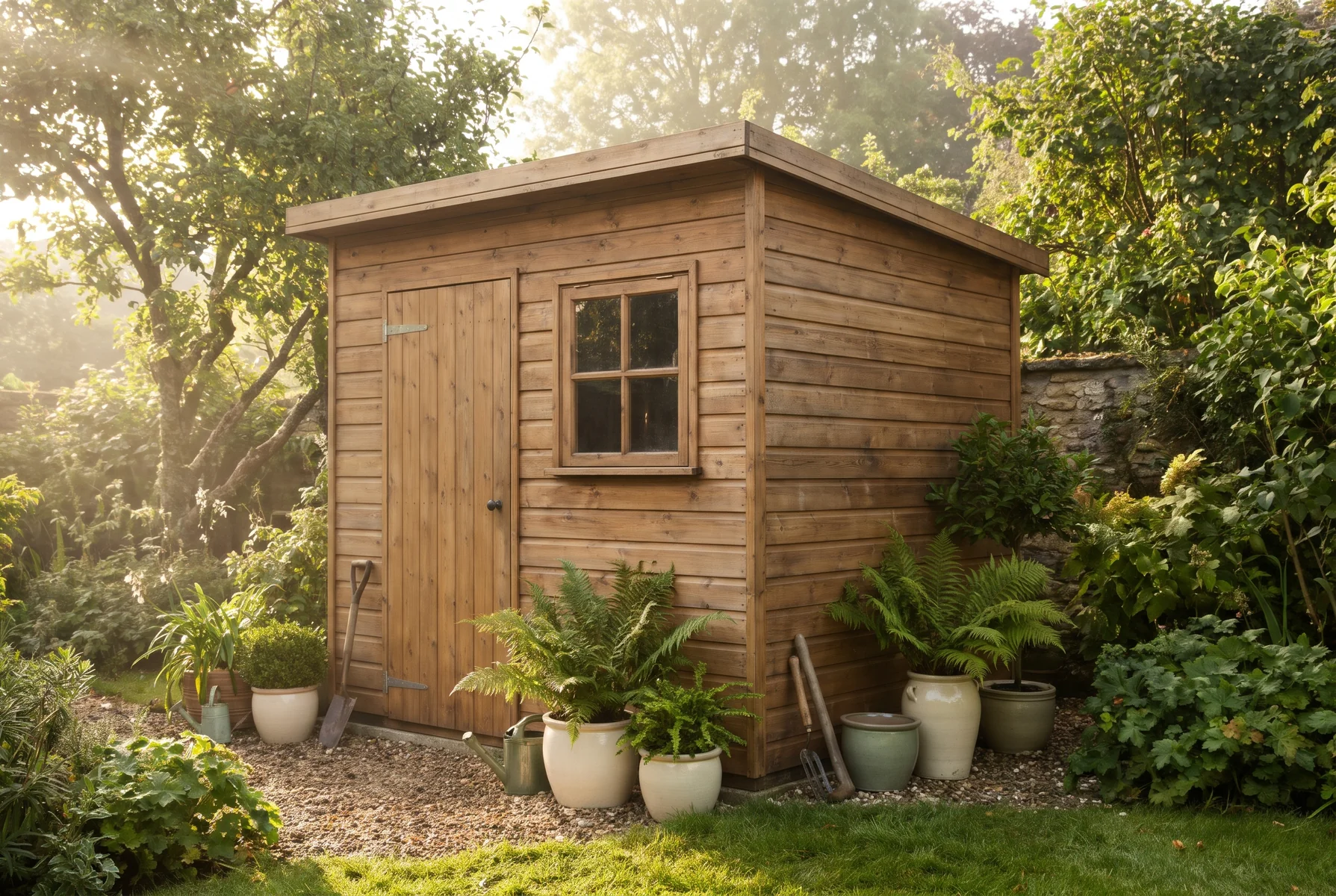 A small wooden garden shed surrounded by greenery and potted plants.