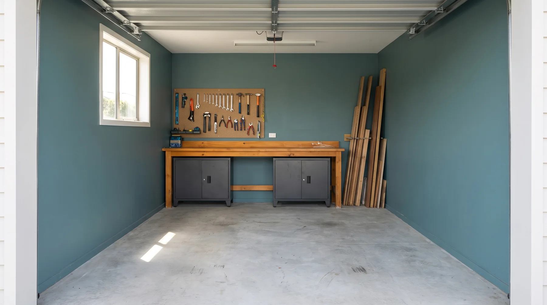 A compact home workshop with an organised workbench and wall-mounted tools.