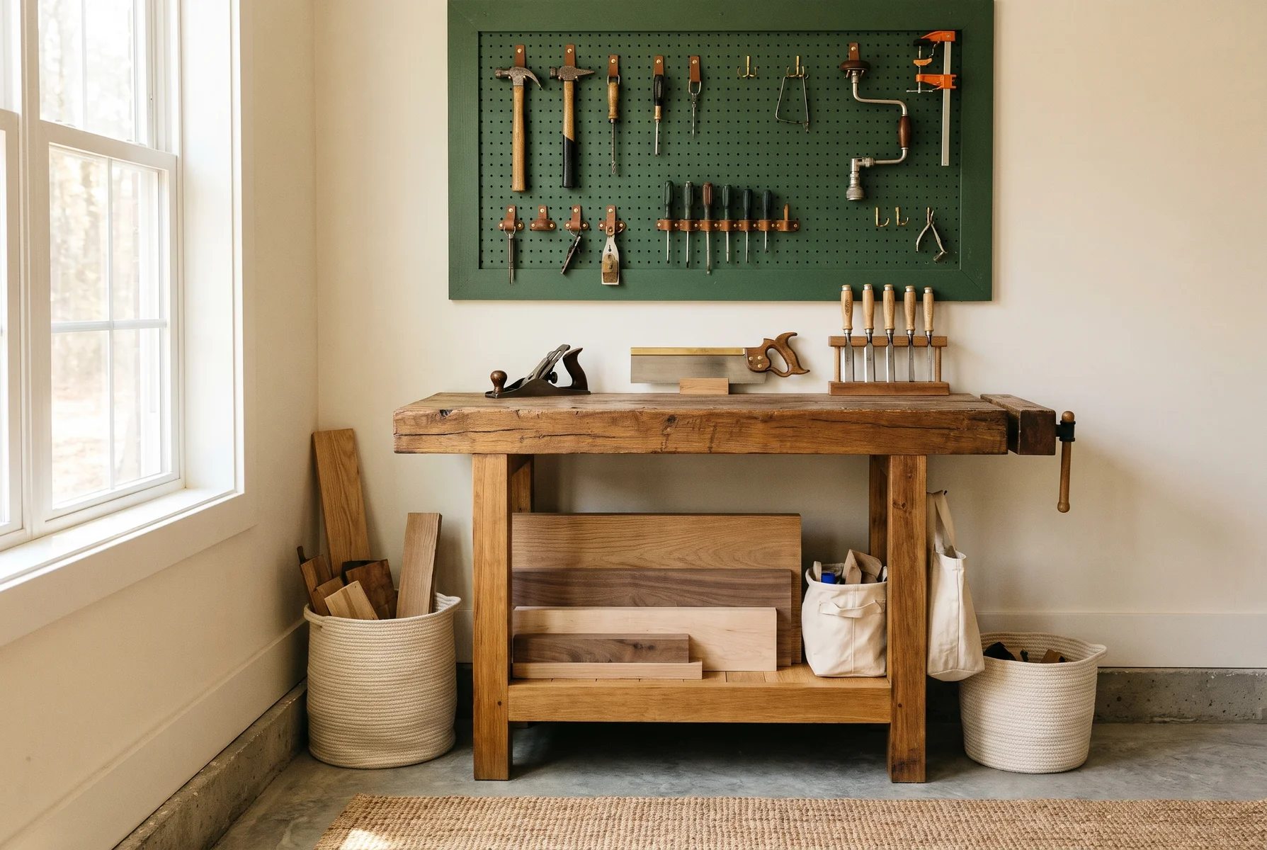 An organised compact workshop with a wooden bench, wall-mounted tools and clear working space.