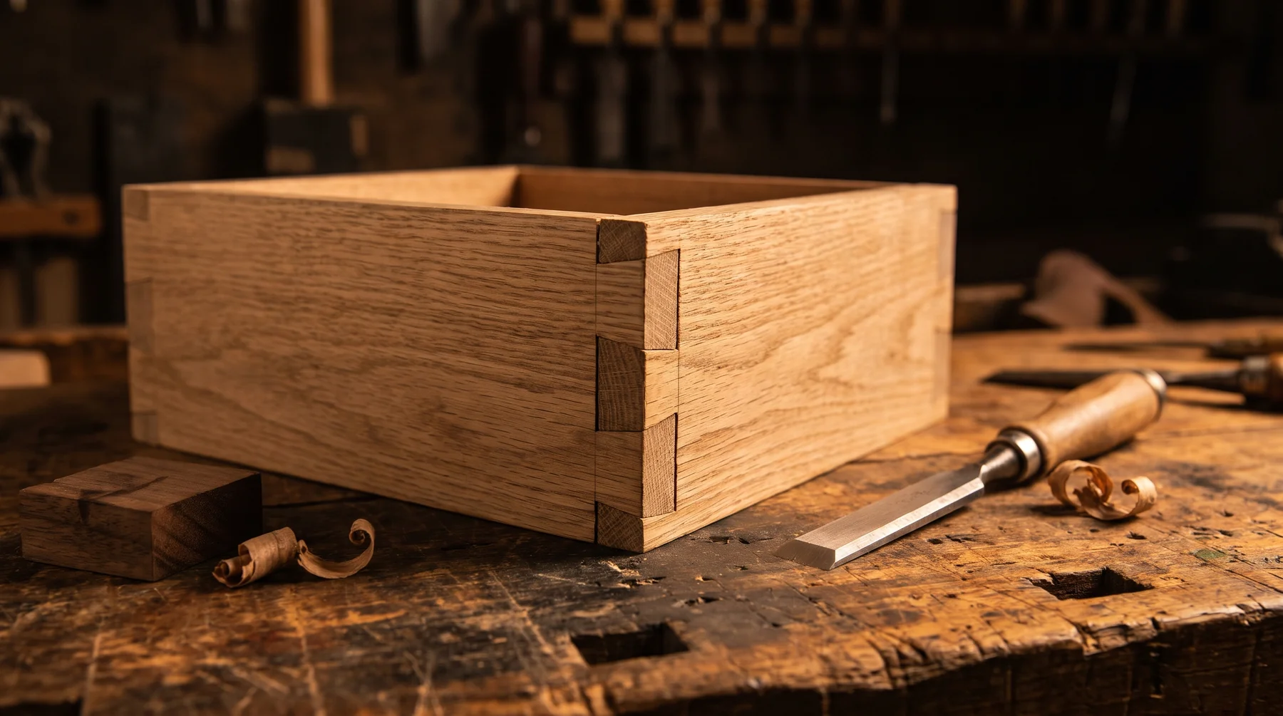 Woodworking tools and a carefully made timber joint on a workbench.