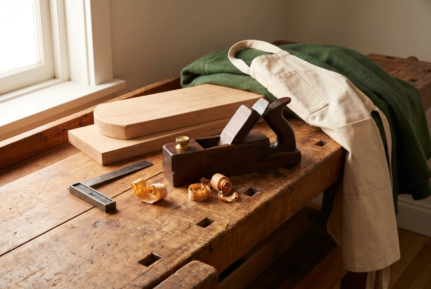 A wooden hand plane, timber and curled wood shavings on a sunlit workbench.